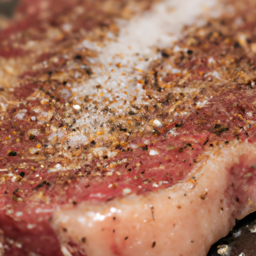 A close-up of a steak being seasoned with salt and pepper