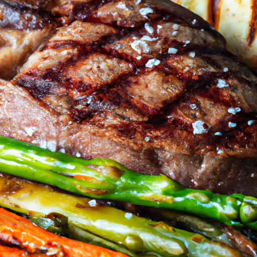 A close-up of a seared ribeye steak with grill marks, served with roasted vegetables.