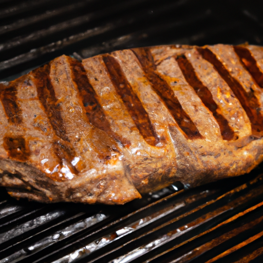 A sizzling steak cooking on a grill, emitting delicious aromas.